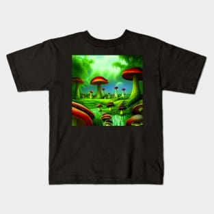 Mushroom Village Near A river And Under Mountains, Cute Mushroom Aesthetic Kids T-Shirt